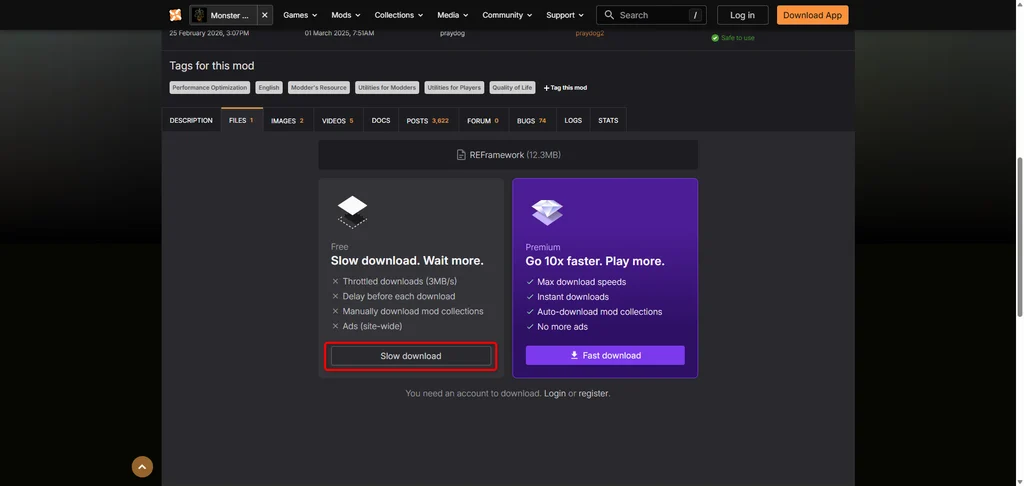 NexusModsの無料ダウンロード「Slow download」ボタンの位置