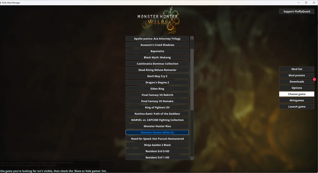 Choose gameの一覧からMonster Hunter Wildsを選択している画面