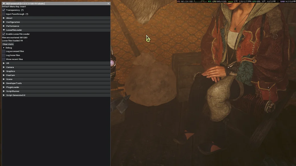 REFrameworkメニューのLooseFileLoader項目。Enable Loose File Loaderにチェックが入っている