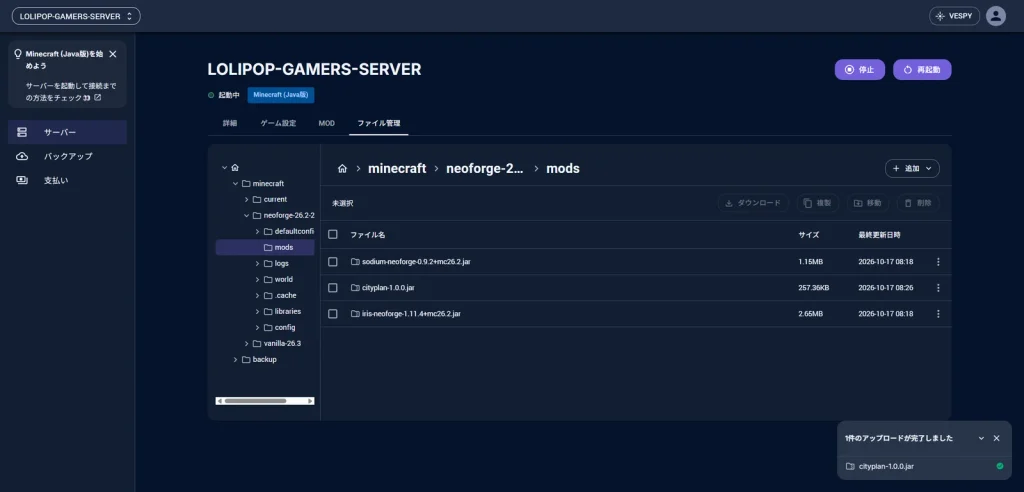 cityplan-1.0.0.jarのアップロードが完了したmodsフォルダ