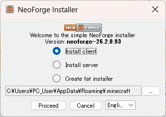 NeoForgeのインストーラーで「Install client」を選ぶ