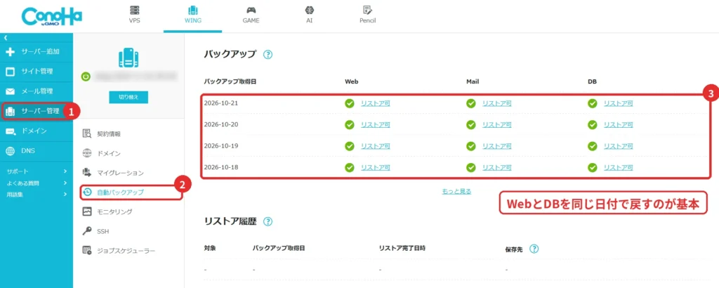 ConoHa WINGの自動バックアップの画面。日付ごとにWeb・Mail・DBのバックアップがリストア可能になっている