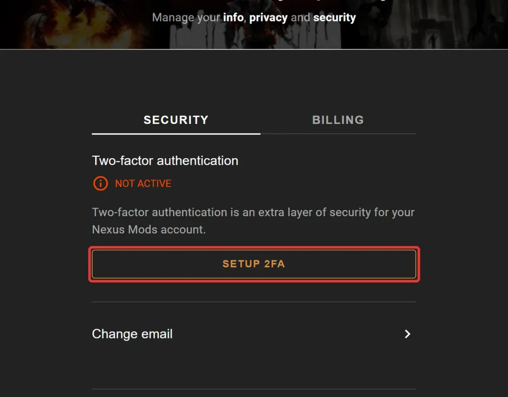Nexus ModsのSecurityページにあるTwo-factor authenticationのSETUP 2FAボタン