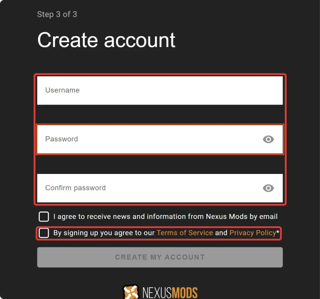 Nexus ModsのCreate account画面でユーザー名とパスワードを入力し利用規約に同意する
