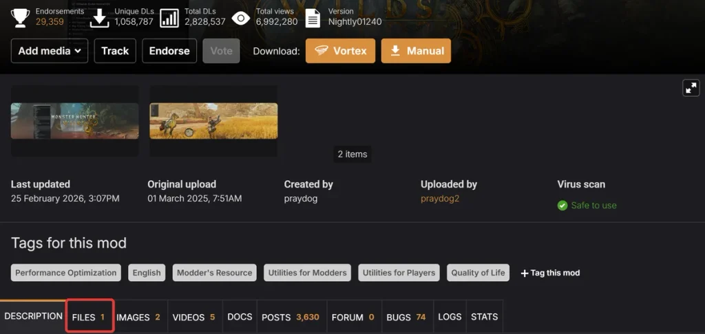 Nexus ModsのMODページにあるFILESタブ
