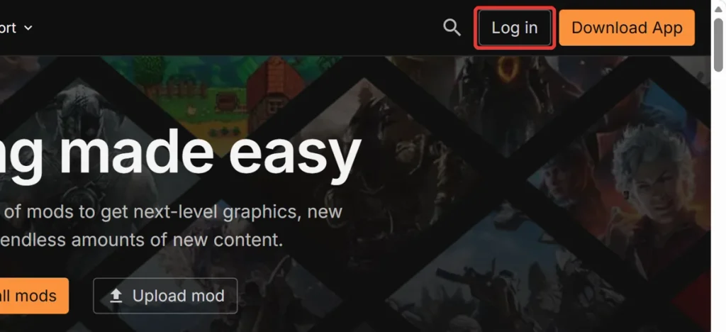Nexus Modsのトップページ右上にあるLog inボタン