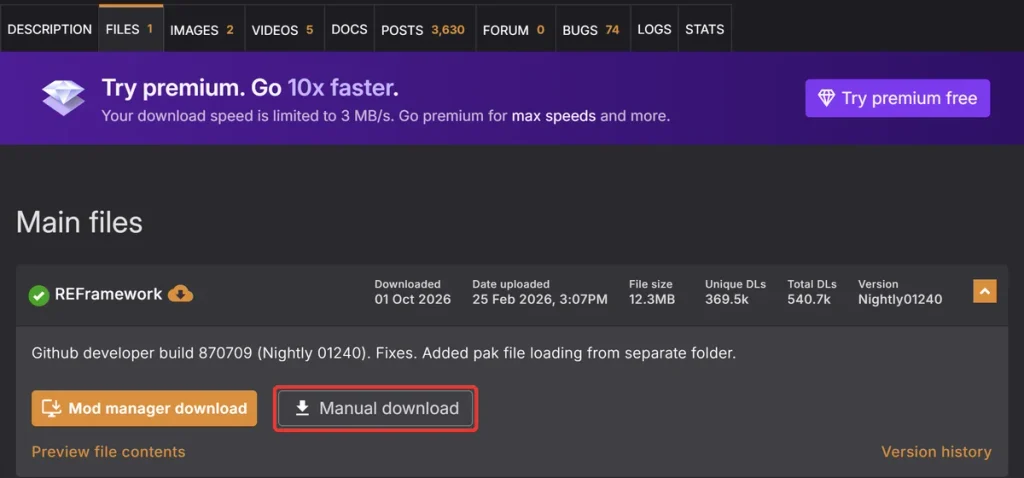 Nexus ModsのFILESタブにあるManual downloadボタン