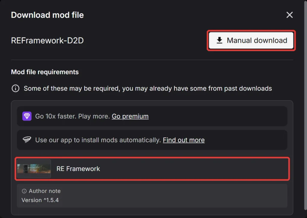 Nexus ModsのDownload mod file画面でMod file requirementsにRE Frameworkが表示されている