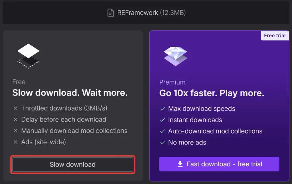 Nexus Modsの無料会員向けSlow downloadボタンとPremiumのFast download - free trialボタン