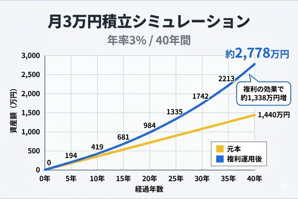 月3万円積立シミュレーション 年率3%・40年間で約2,778万円